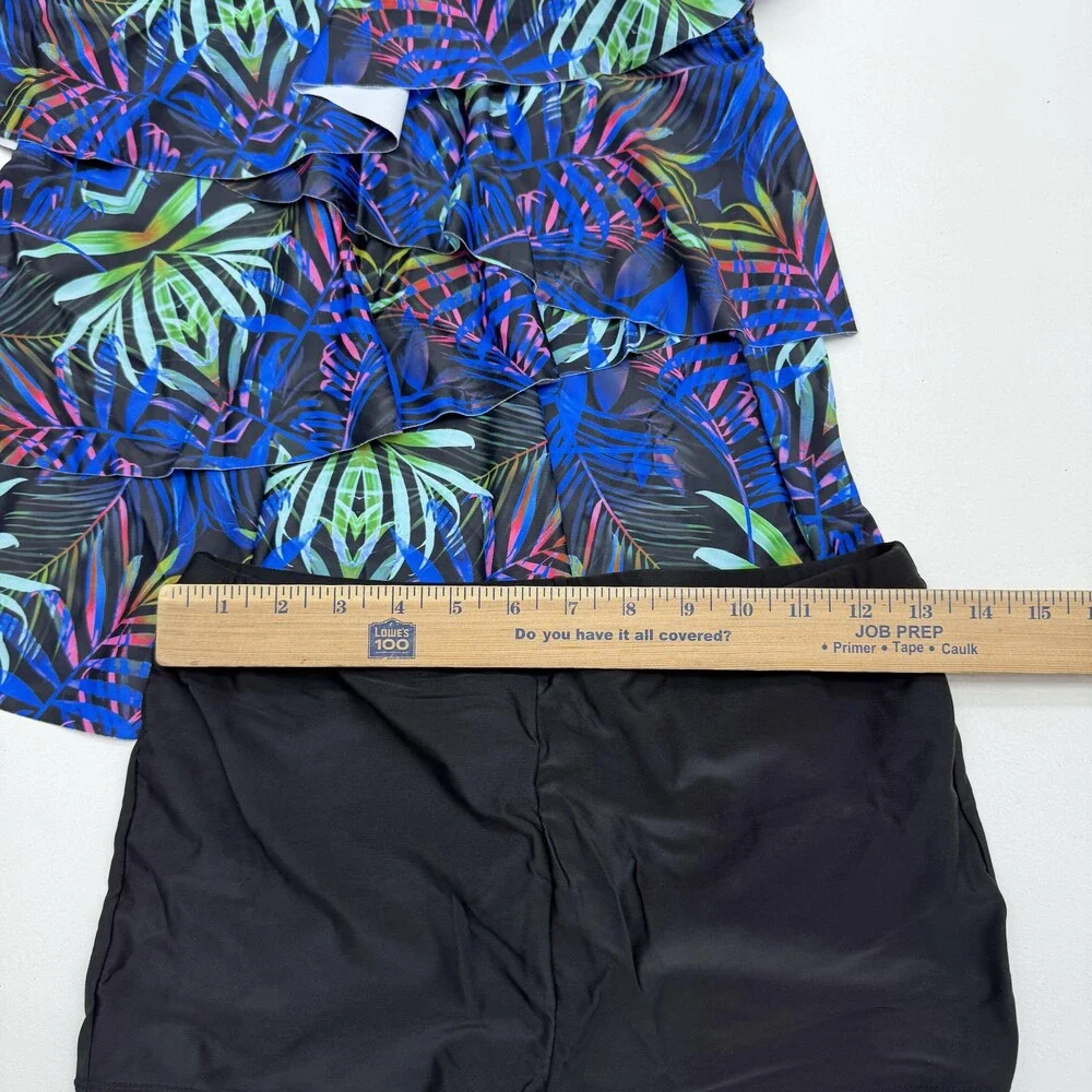 Blue Tropical Tankini Swimsuit Set Womens M Ruffle Swim Shorts 2 Piece Lined